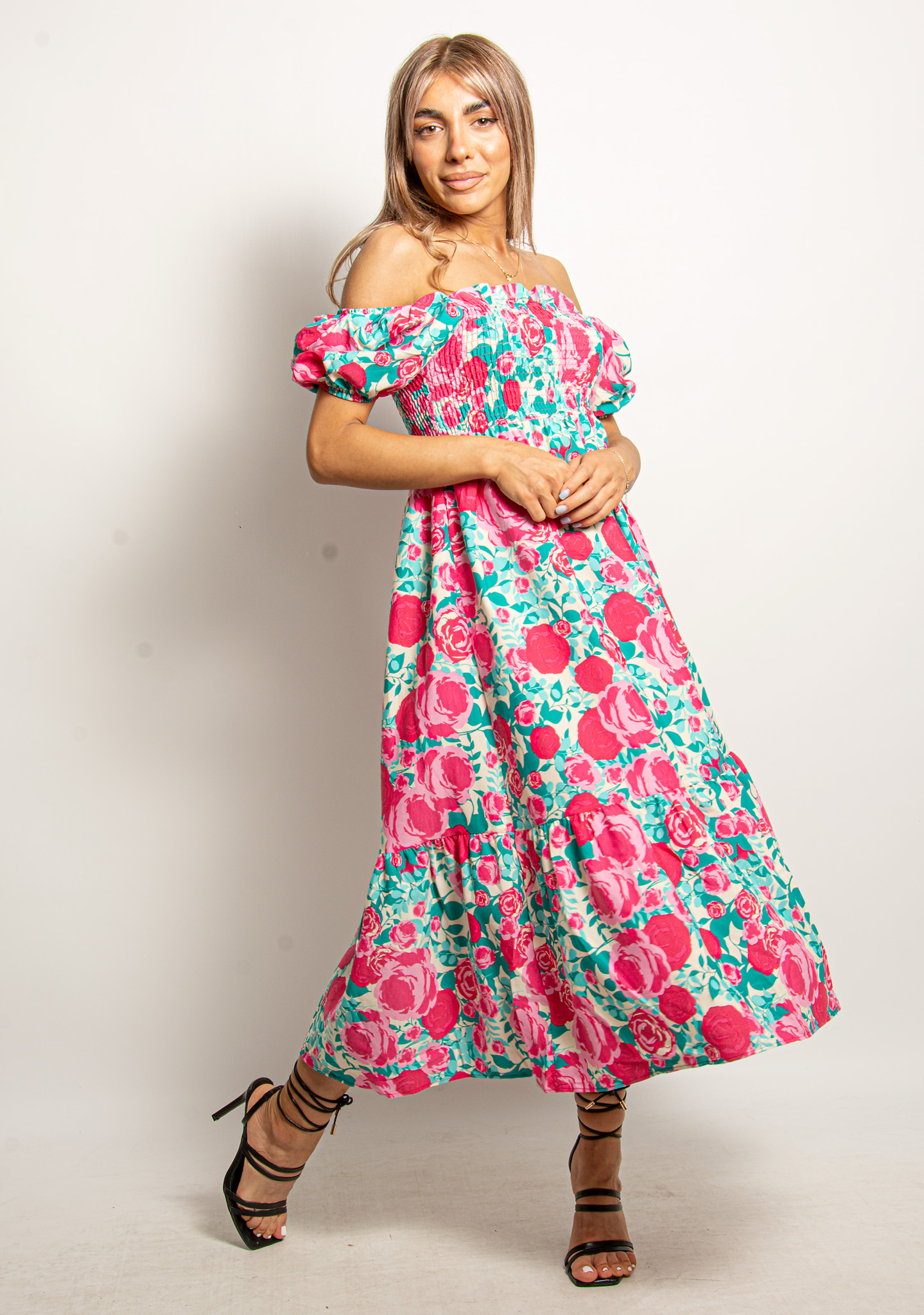 Φόρεμα Σφηκοφωλιά Floral Γαλάζιο-Φούξια – EllenBoutique