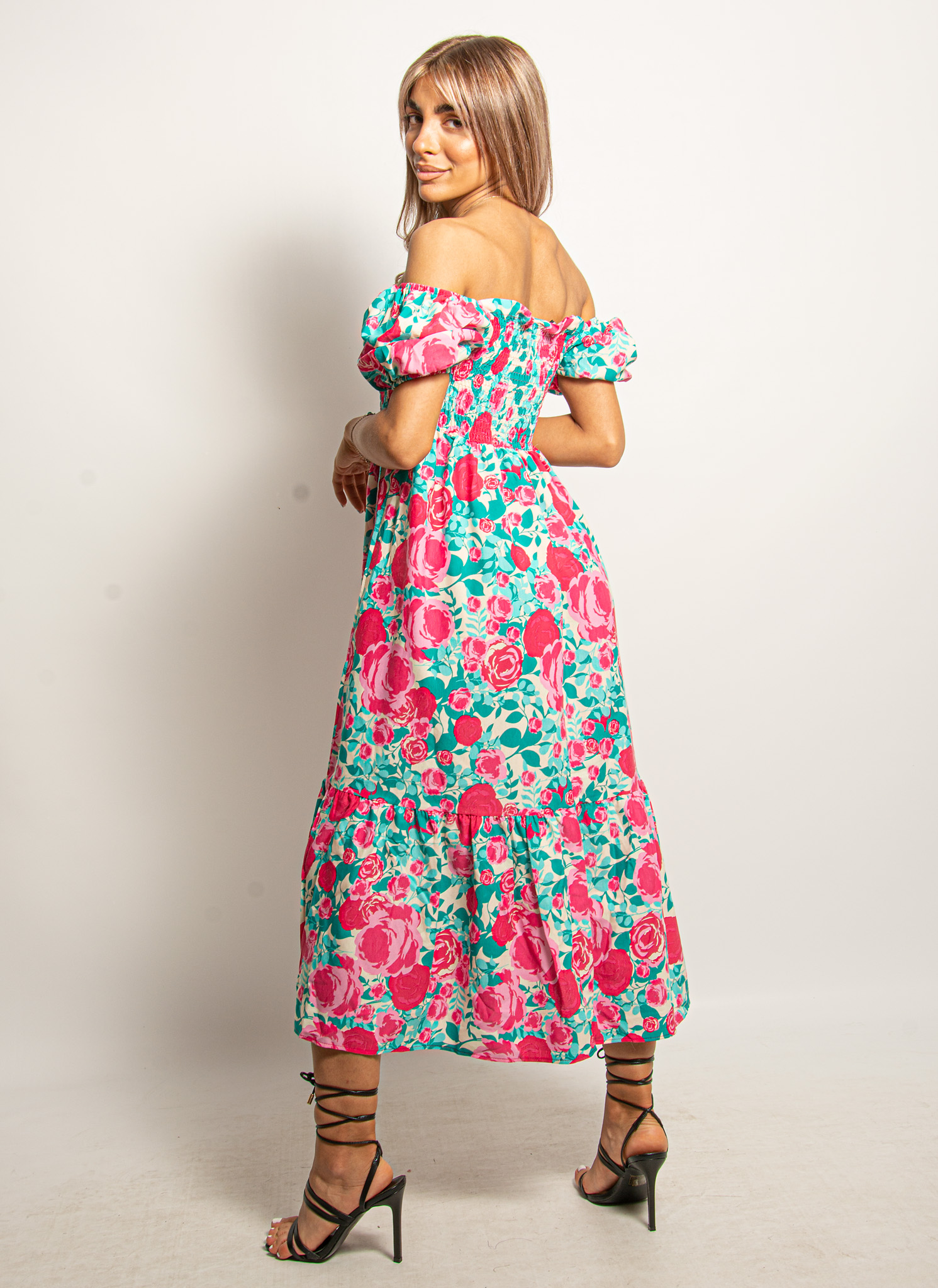 Φόρεμα Σφηκοφωλιά Floral Γαλάζιο-Φούξια – EllenBoutique