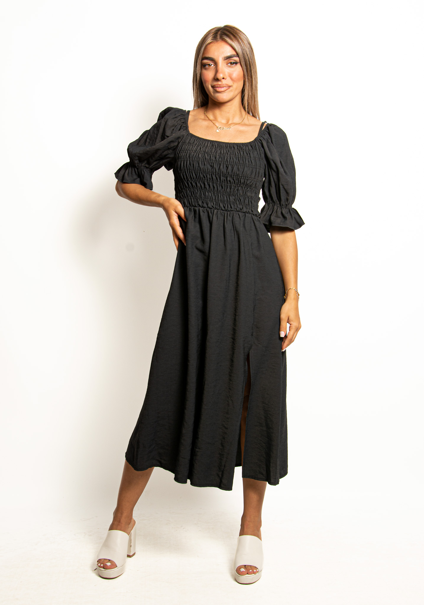 Φόρεμα Σφηκοφωλιά με Φουσκωτά Μανίκια Mαύρο – EllenBoutique