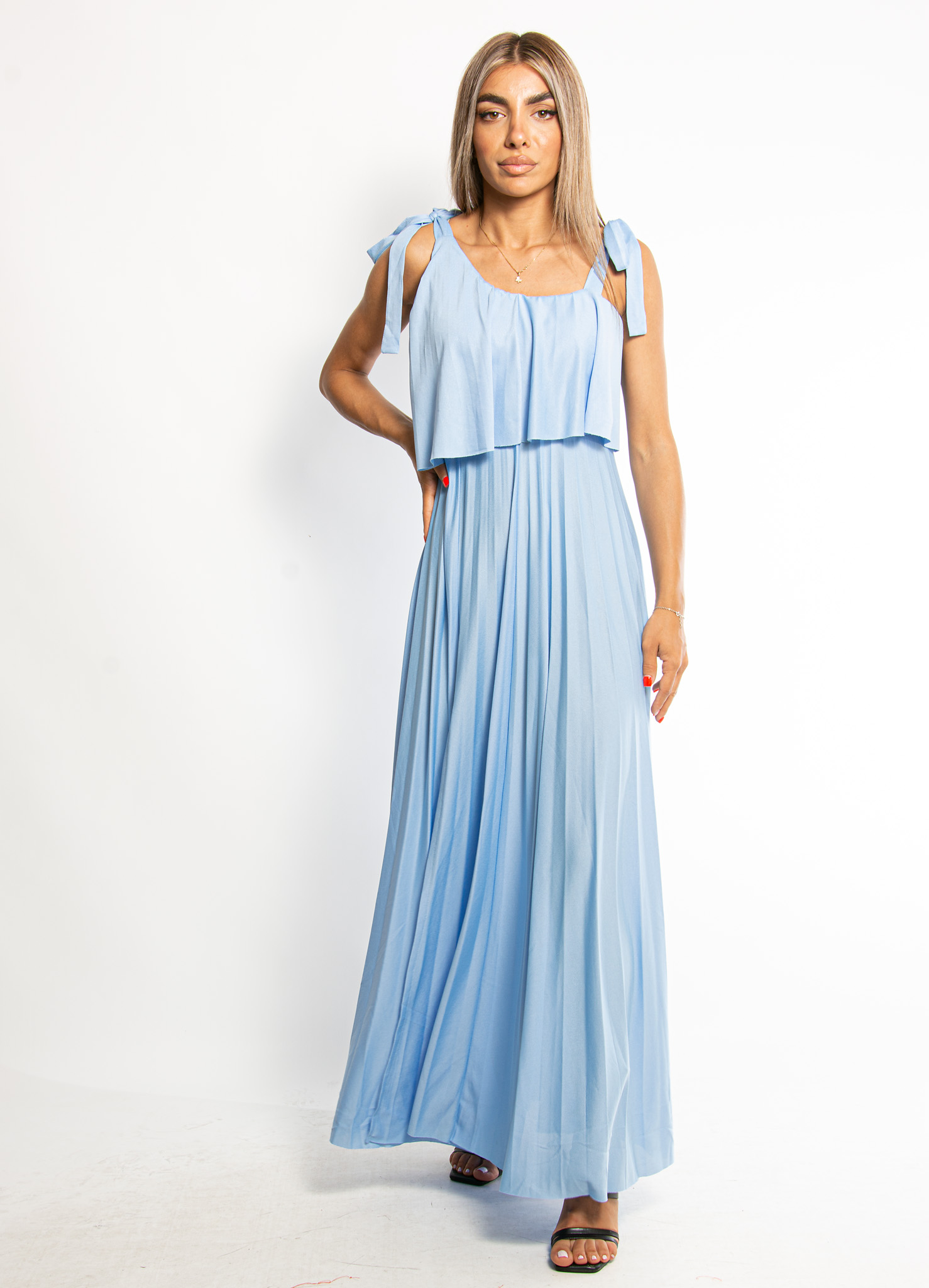 Φόρεμα Πλισέ με Δετές Τιράντες Γαλάζιο – EllenBoutique