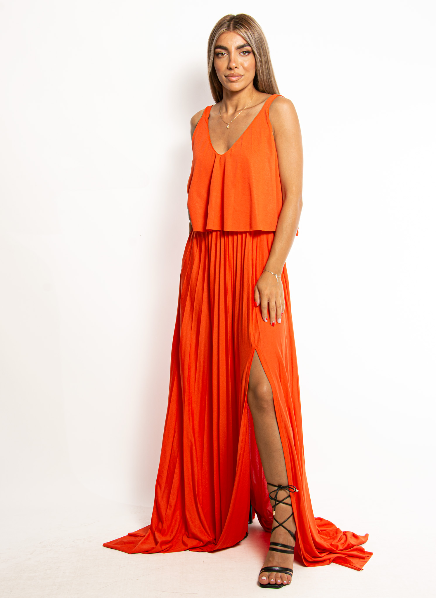 Φόρεμα Πλισέ με Τιράντες Πορτοκαλί – EllenBoutique