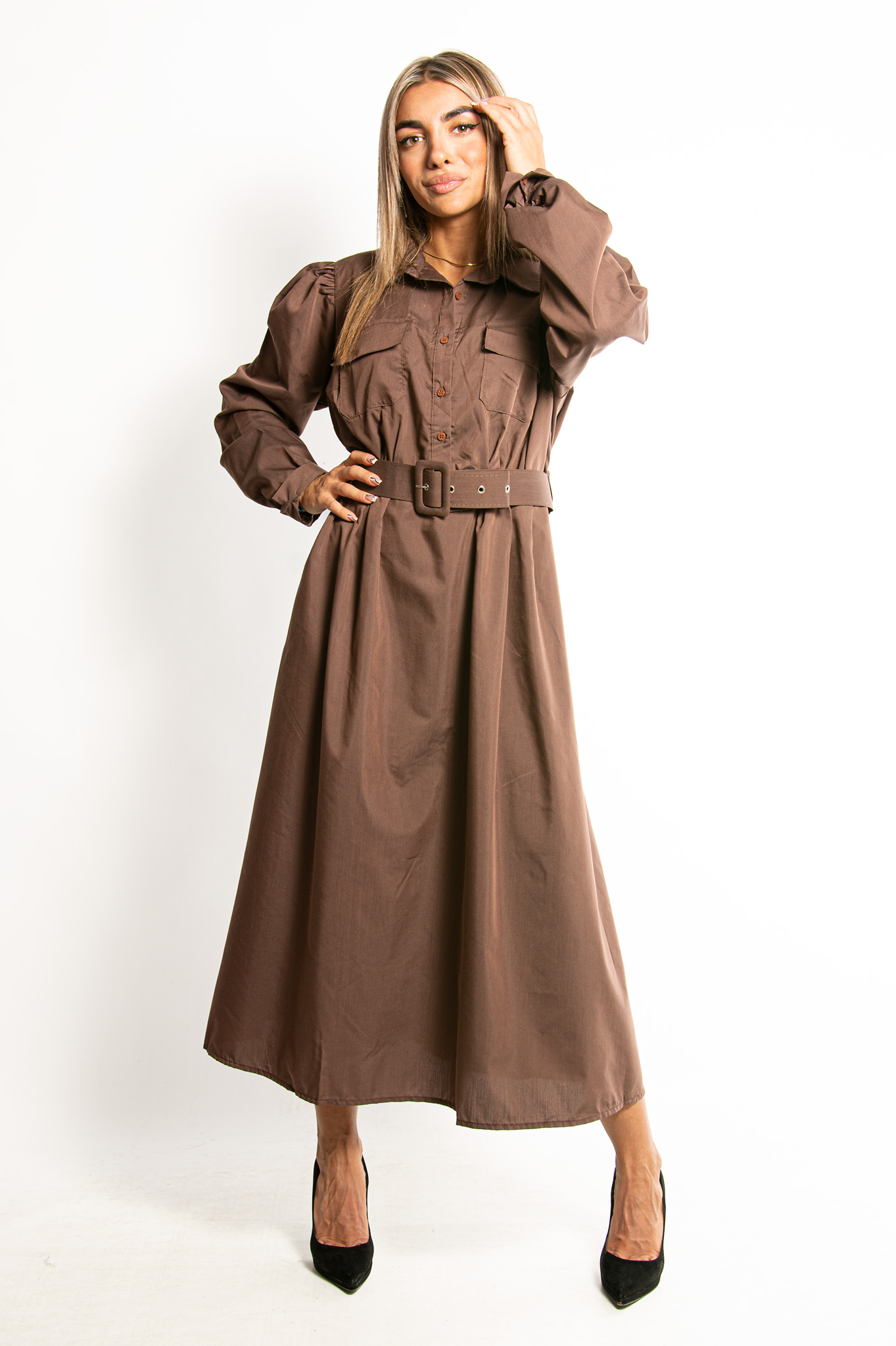 Φόρεμα Σαφάρι με Ζώνη Καφέ – EllenBoutique
