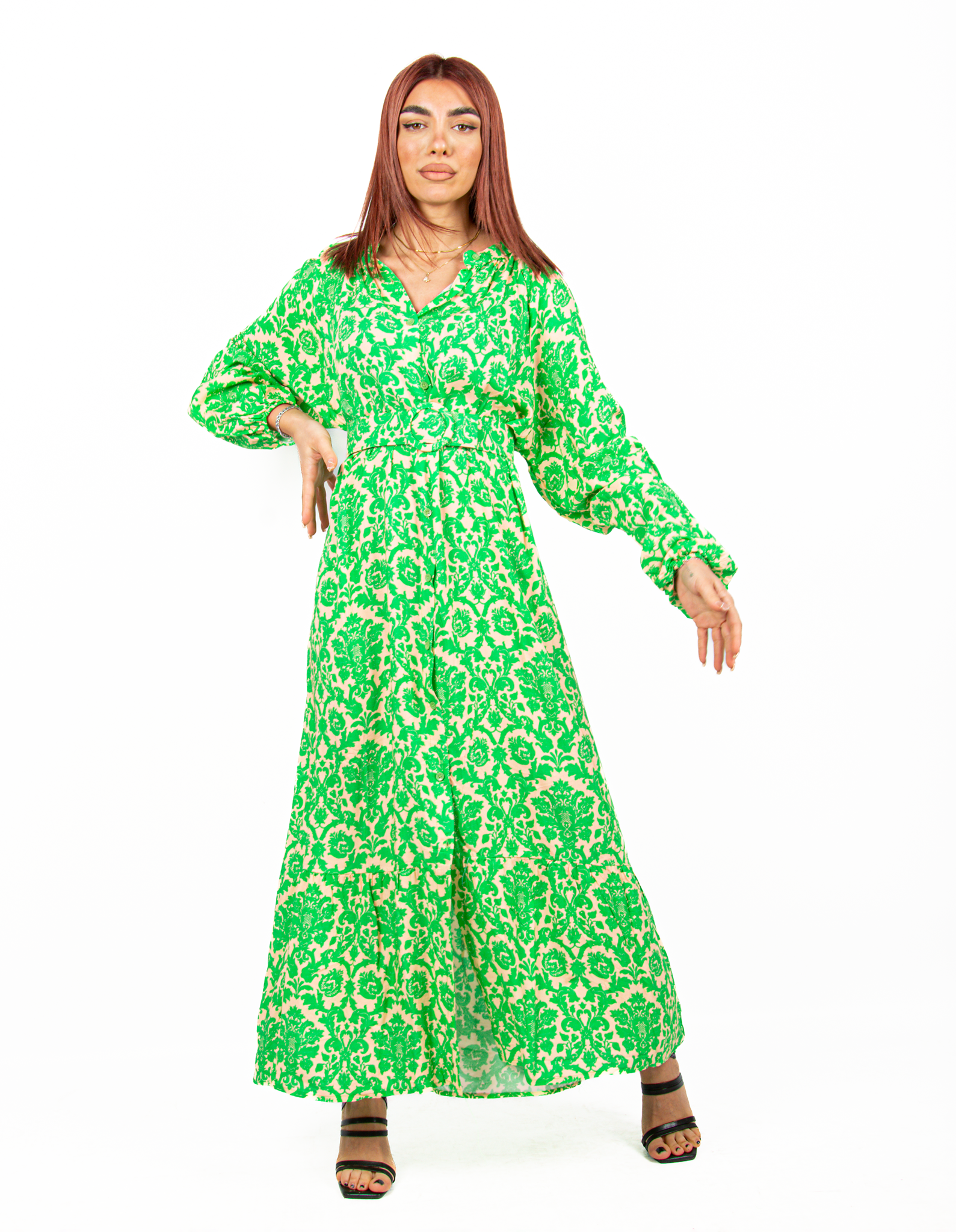 Φόρεμα Σεμιζίε με Ζώνη Baroque Πράσινο-Μπεζ | EllenBoutique