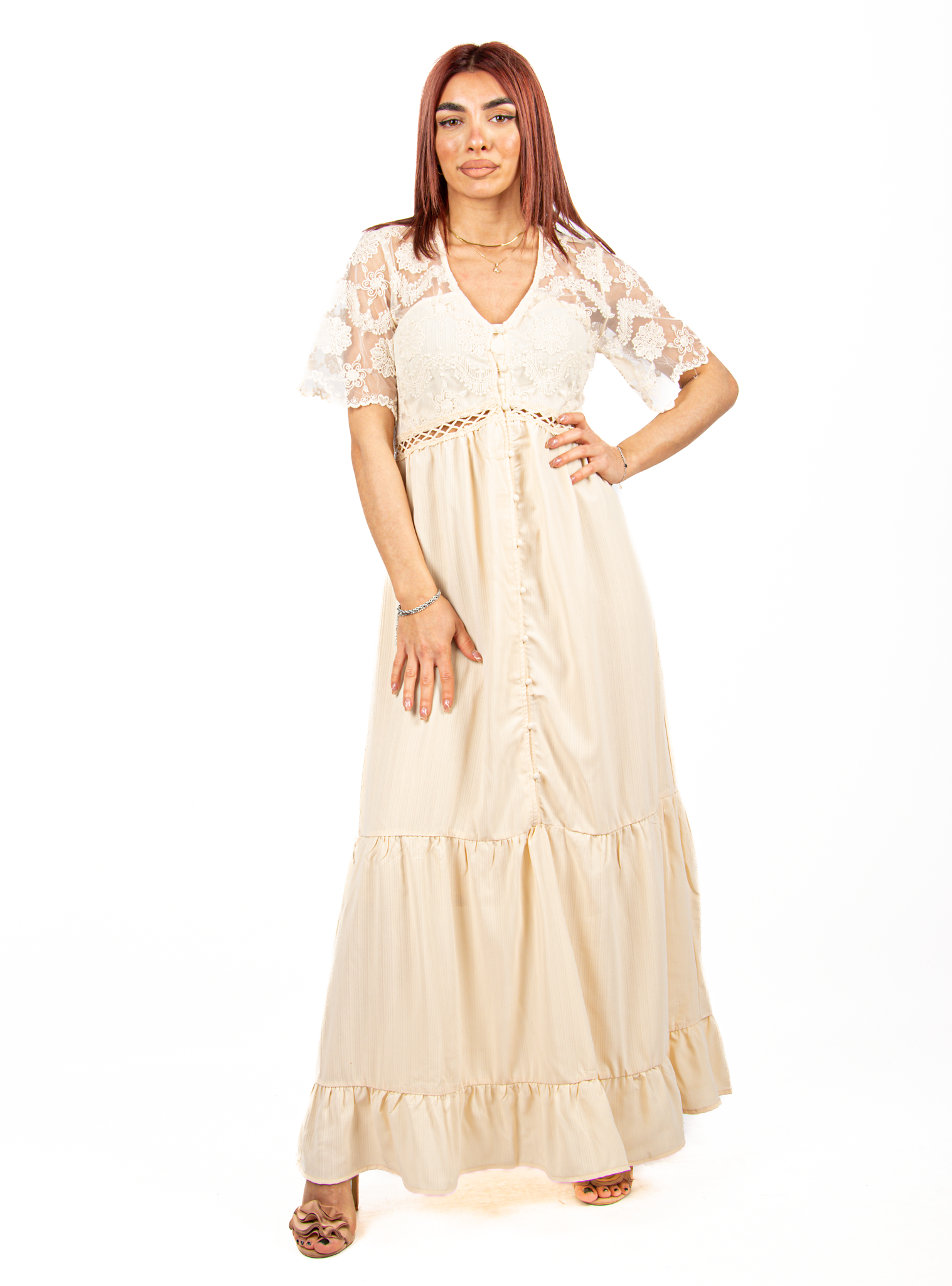 Φόρεμα Ρομαντικό Σεμιζιέ με Δαντέλα Μπεζ | EllenBoutique