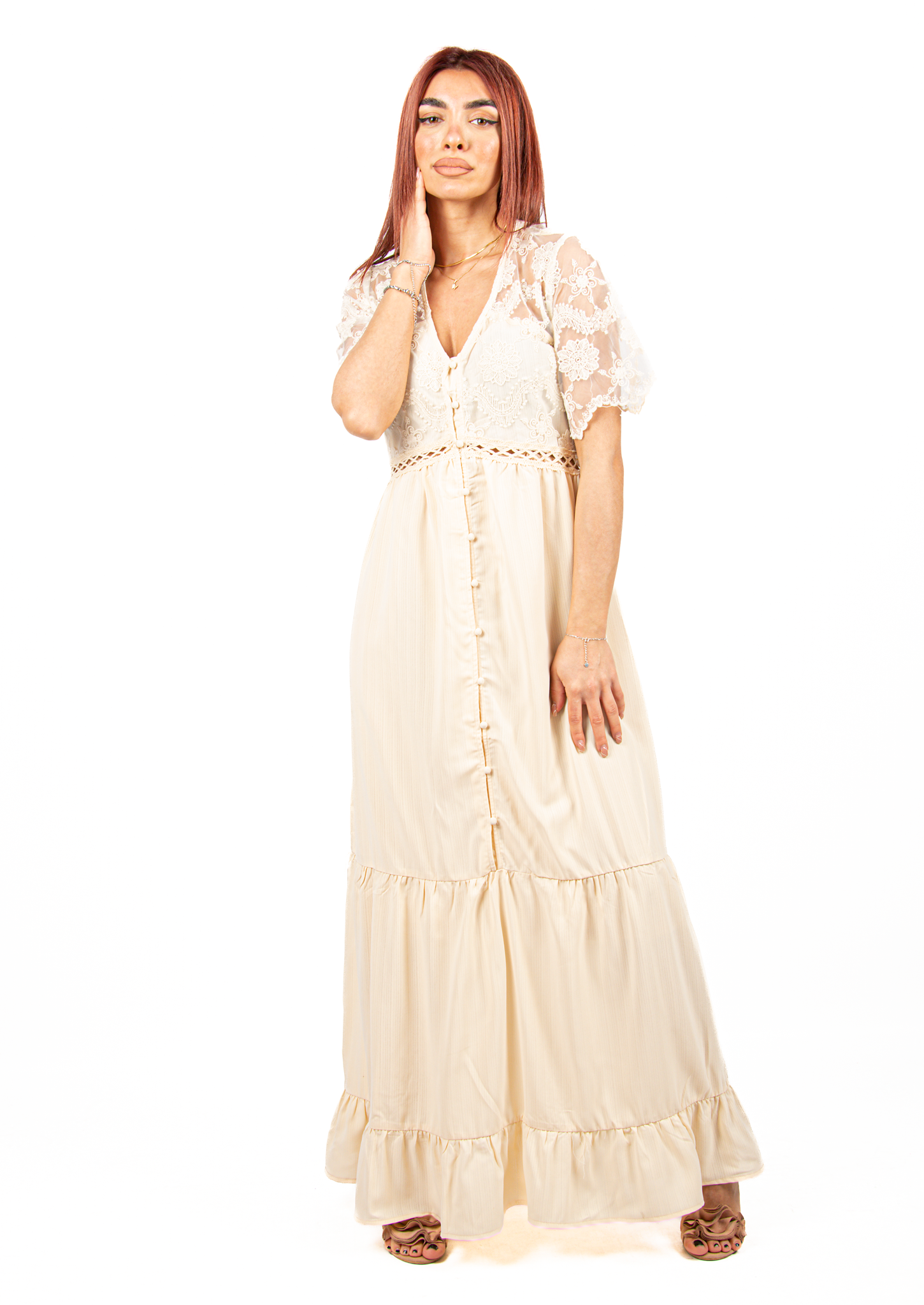 Φόρεμα Ρομαντικό Σεμιζιέ με Δαντέλα Μπεζ – EllenBoutique