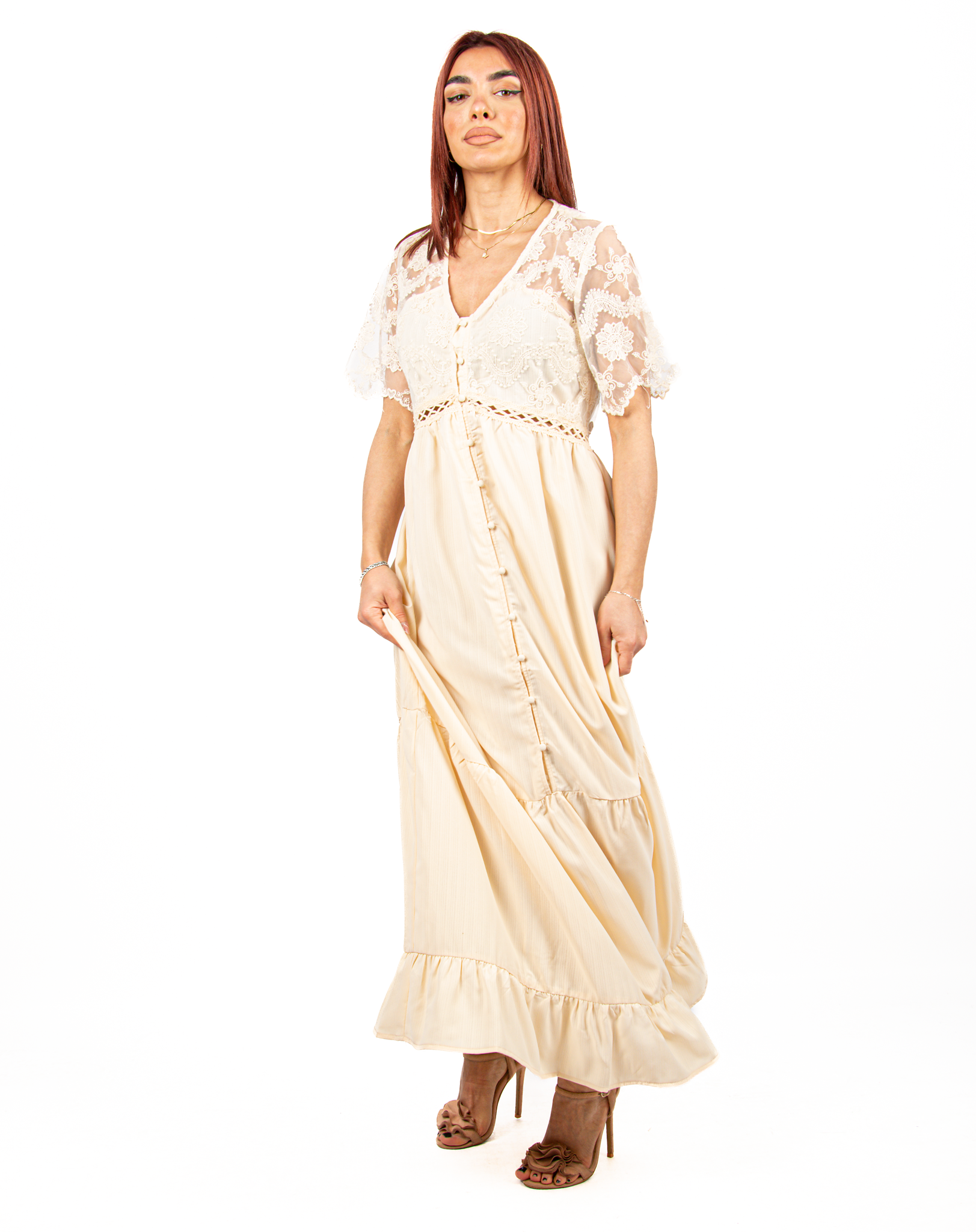 Φόρεμα Ρομαντικό Σεμιζιέ με Δαντέλα Μπεζ | EllenBoutique