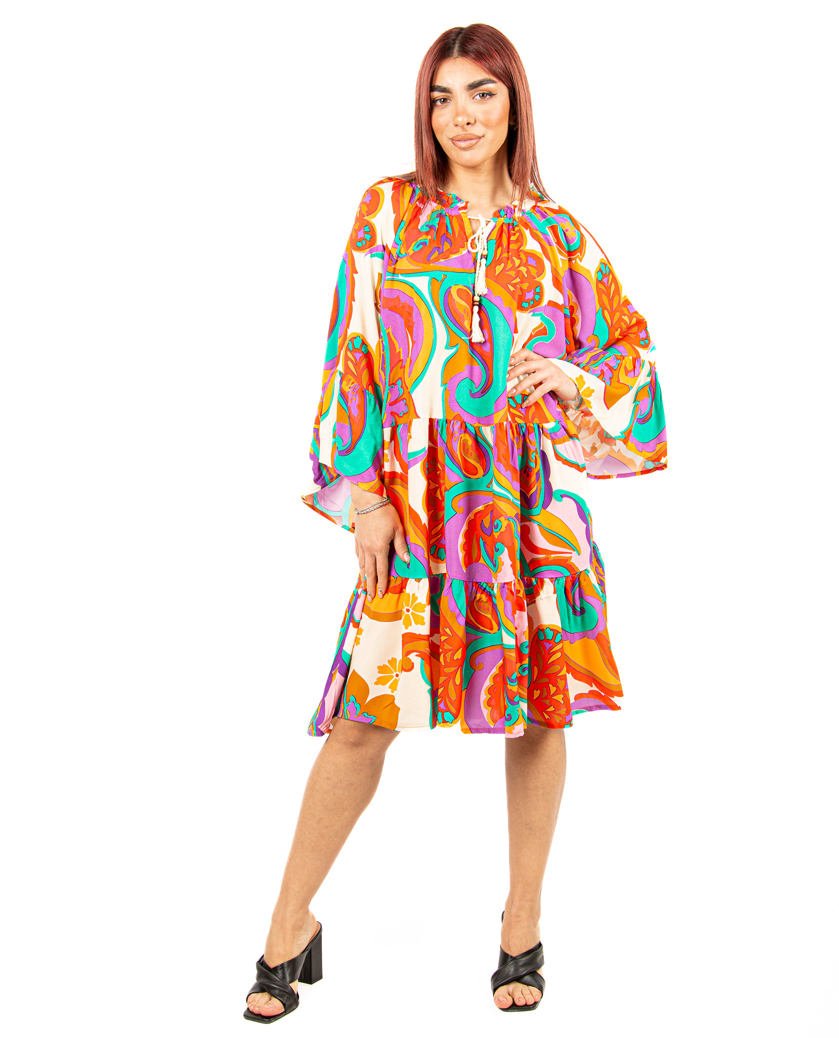 Φόρεμα Βoho με Καμπάνα Μανίκια Εμπριμέ | EllenBoutique