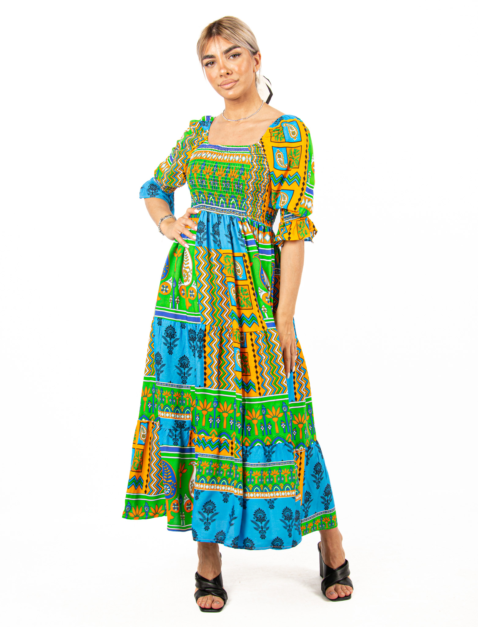 Φόρεμα Boho Σφηκοφωλιά Πράσινο-Γαλάζιο | EllenBoutique