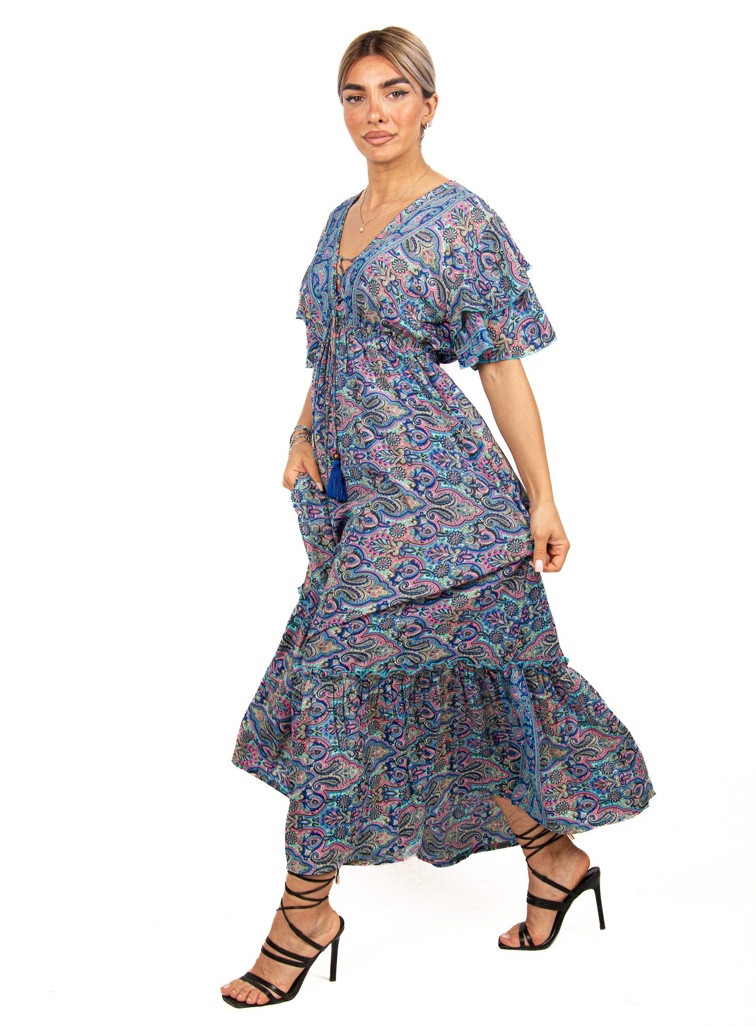 Φόρεμα Μεταξωτό με Βολάν Μανίκια Μπλε | EllenBoutique