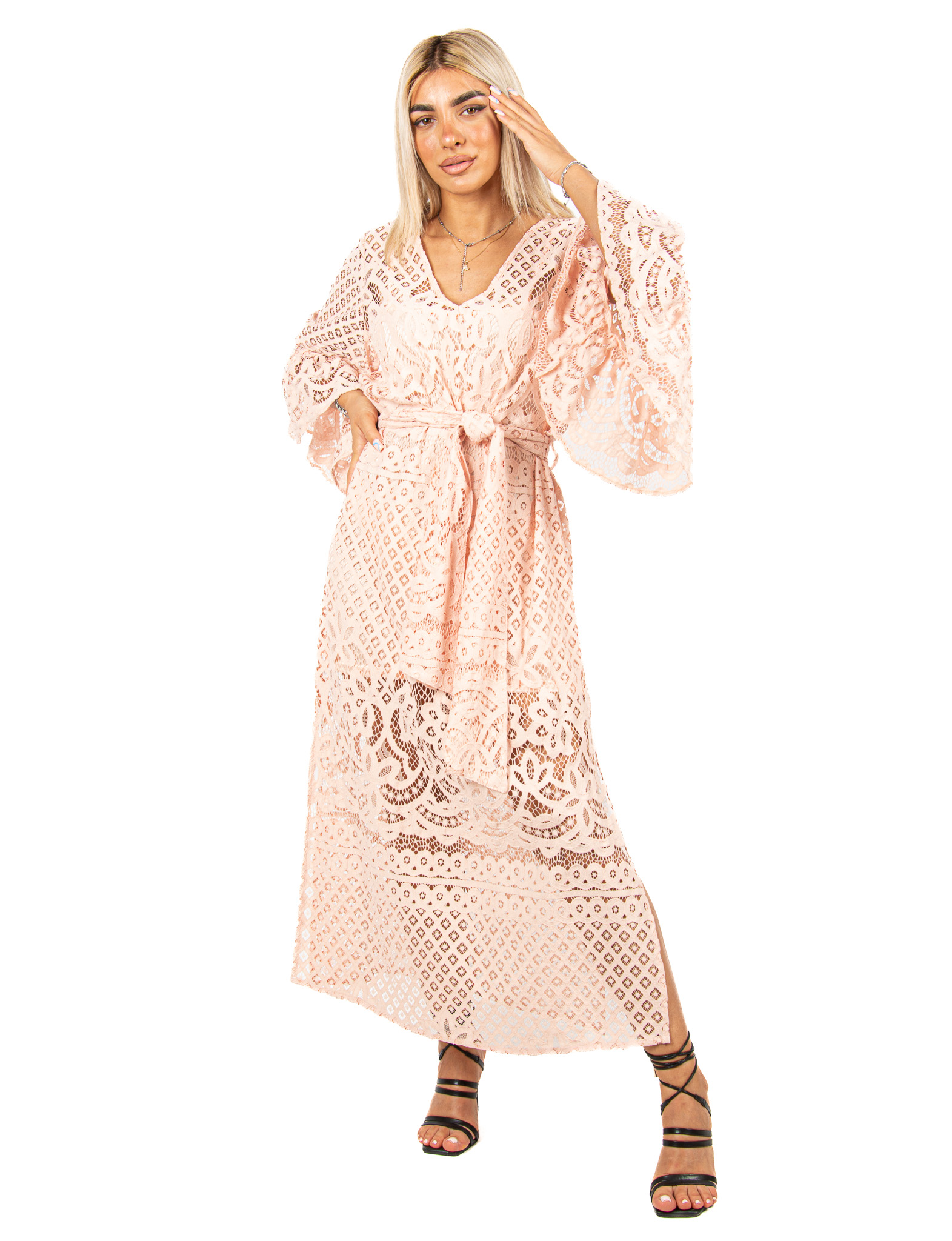 Φόρεμα Δαντέλα με Καμπάνα Μανίκια Ροζ | EllenBoutique