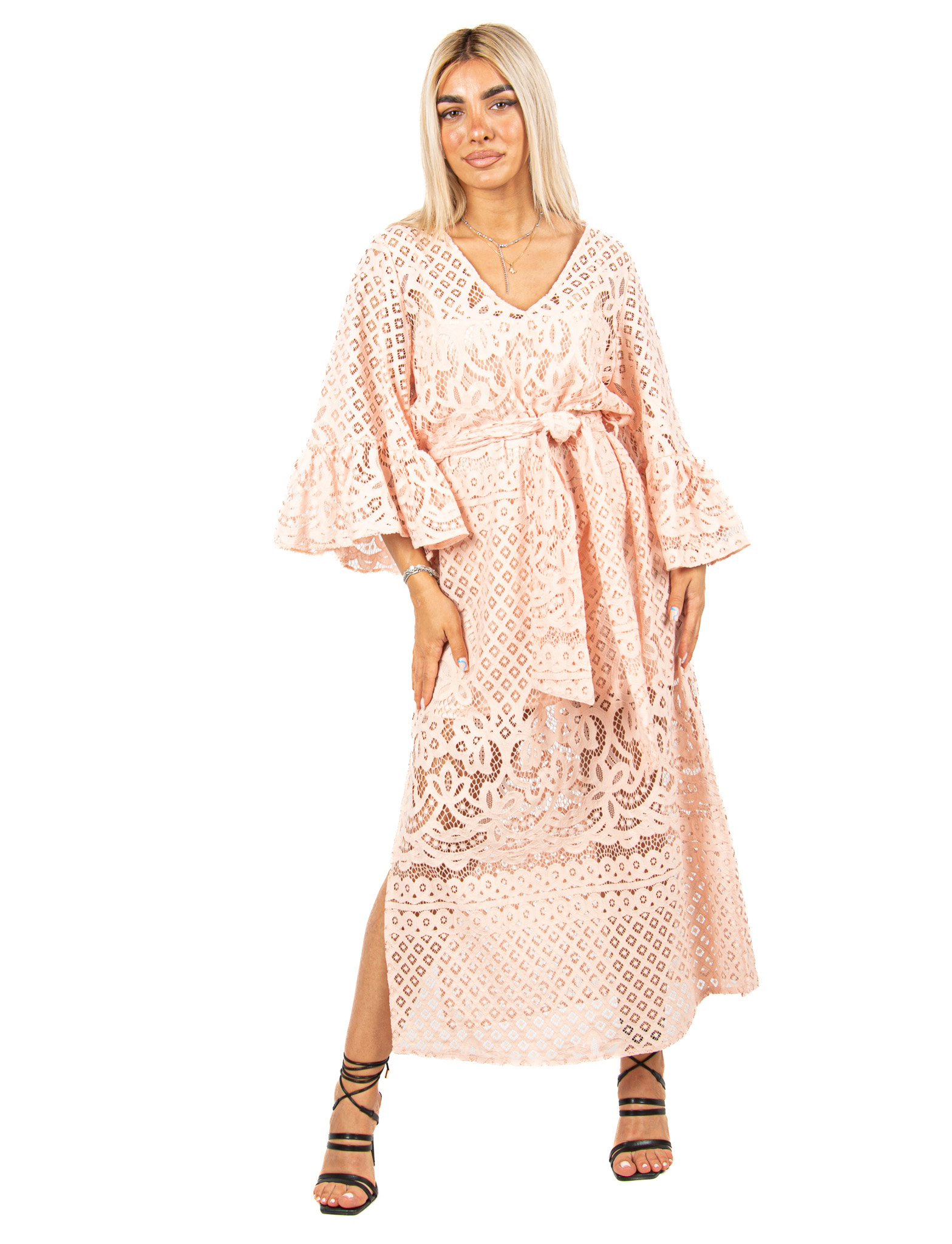 Φόρεμα Δαντέλα με Καμπάνα Μανίκια Ροζ | EllenBoutique