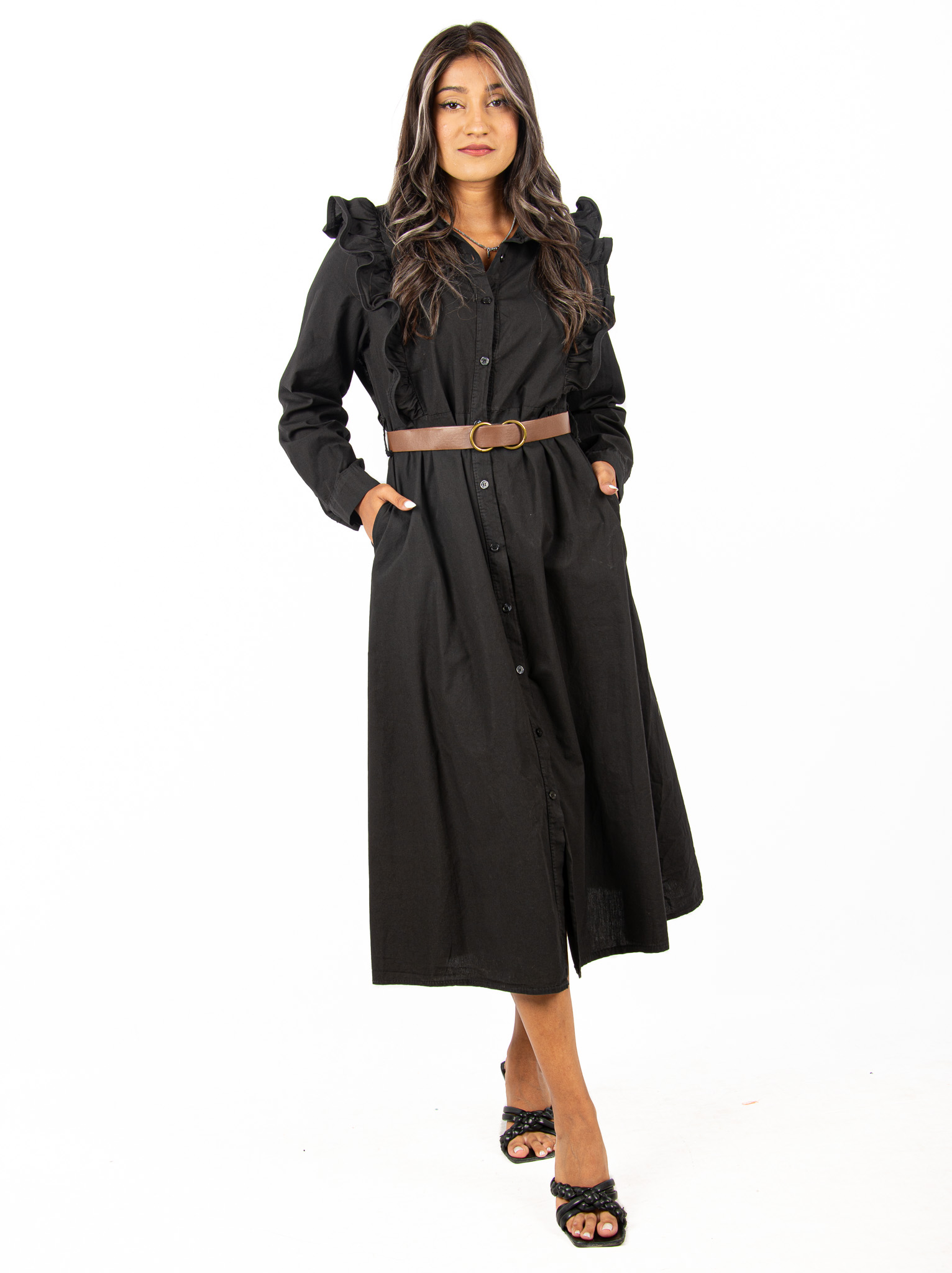 Φόρεμα Σεμιζιέ με Βολάν και Ζώνη Μαύρο | EllenBoutique