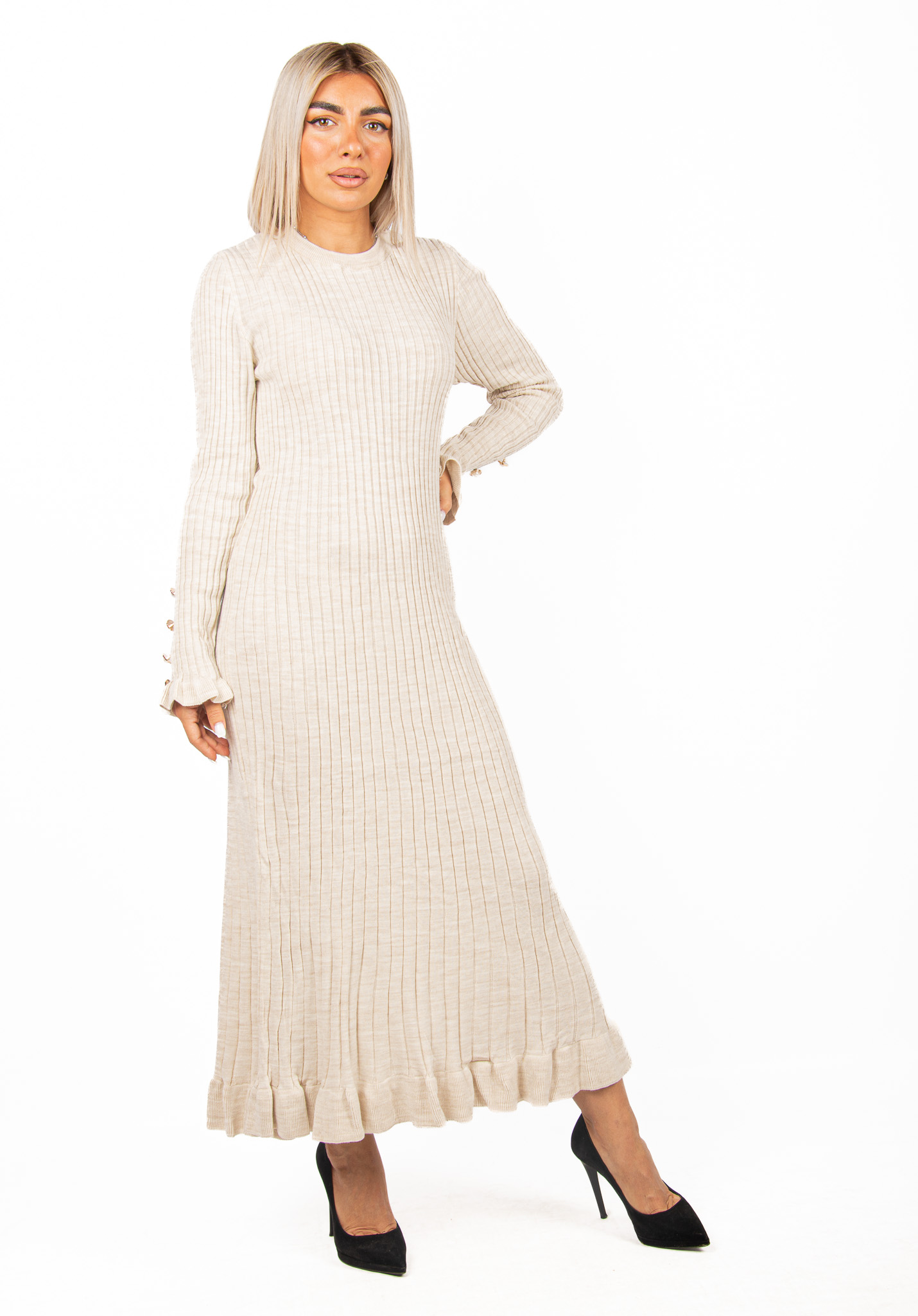 Φόρεμα Ριπ με Βολάν Μπεζ | EllenBoutique