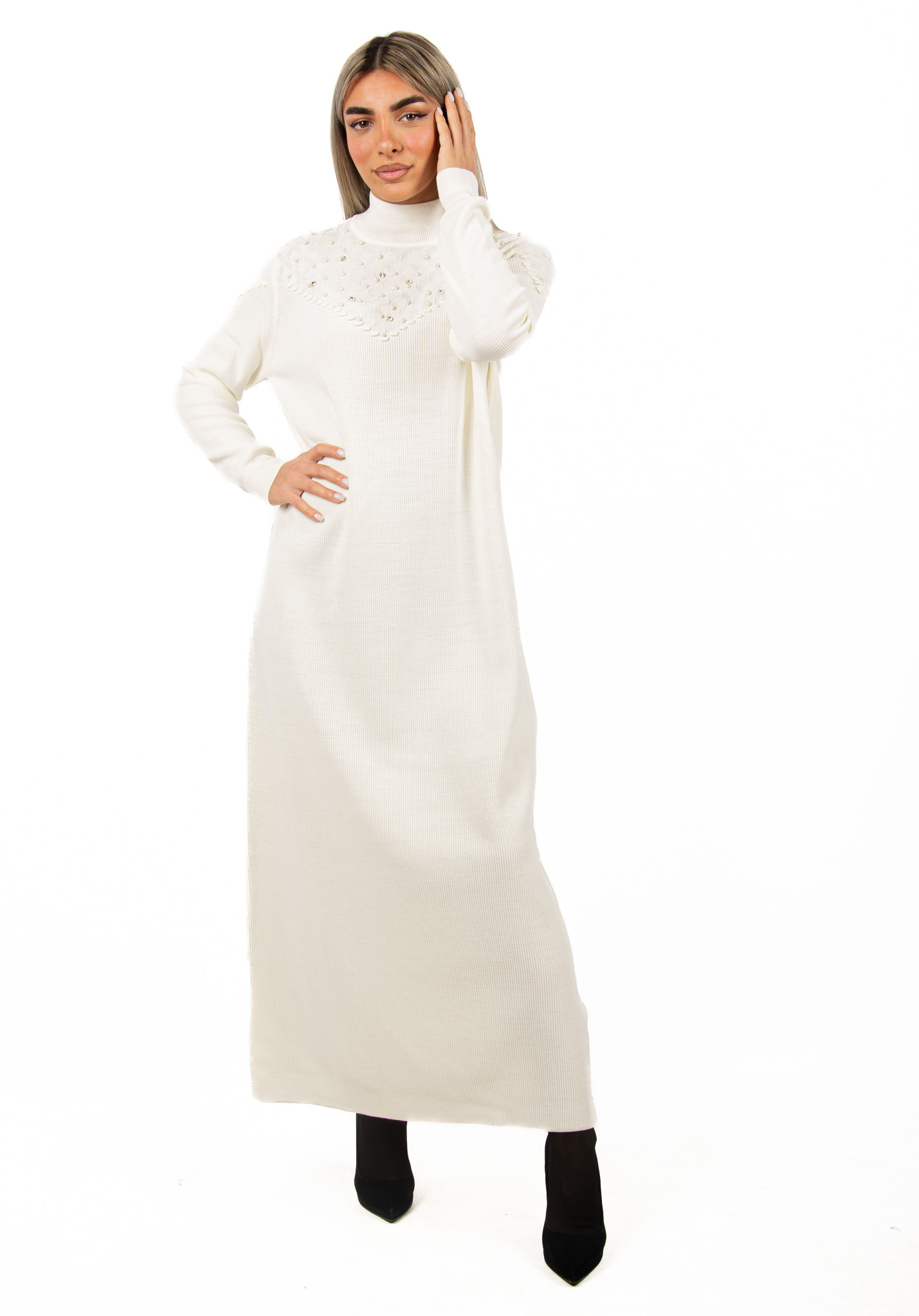 Φόρεμα Πλεκτό με Στρας Εκρού | EllenBoutique