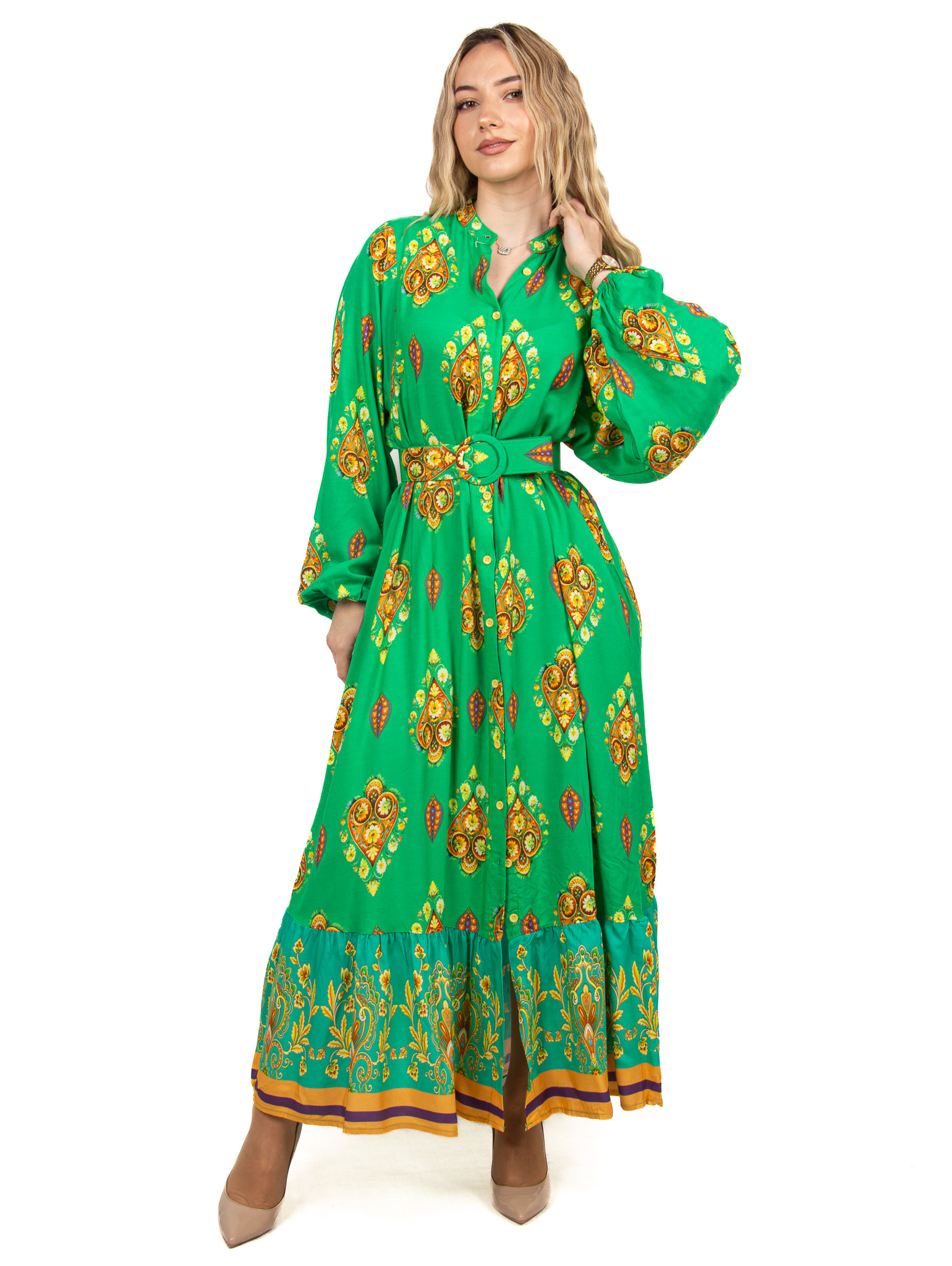 Φόρεμα Σεμιζιέ με Ζώνη Πράσινο | EllenBoutique